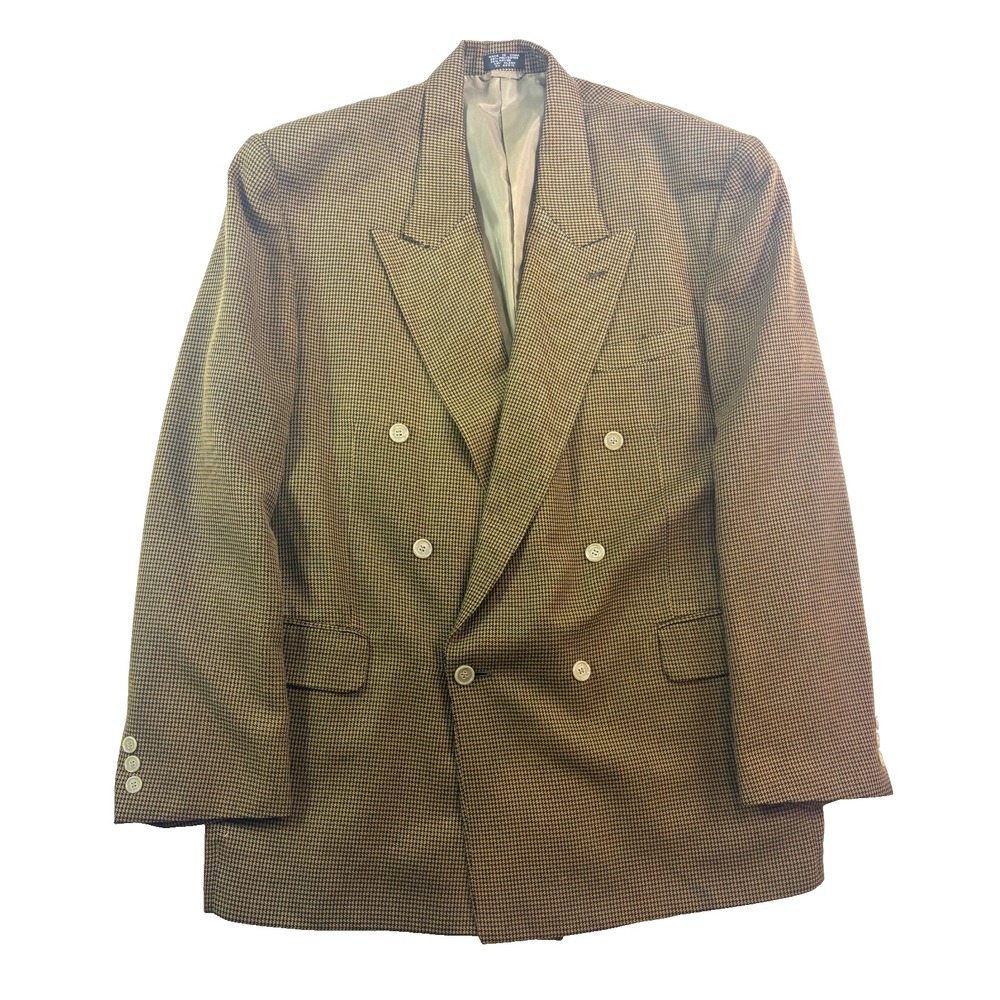 vtg 90s‎ Double Breasted 44R Brown Black Houndstooth Blazer Jacket Sport Coat